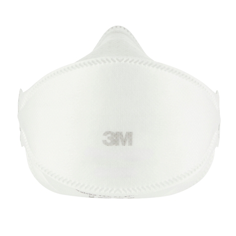 Masque respiratoire blanc 3M. Le masque a une forme inhabituelle avec une pointe sur le bord supérieur et des fixations latérales pour les oreilles.