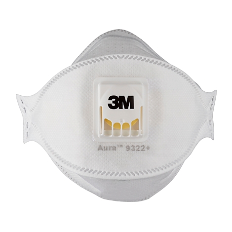Un paquet d'un respirateur 3M Aura Cool Flow. Le paquet contient des informations sur le produit et une photo d'un homme portant le masque.