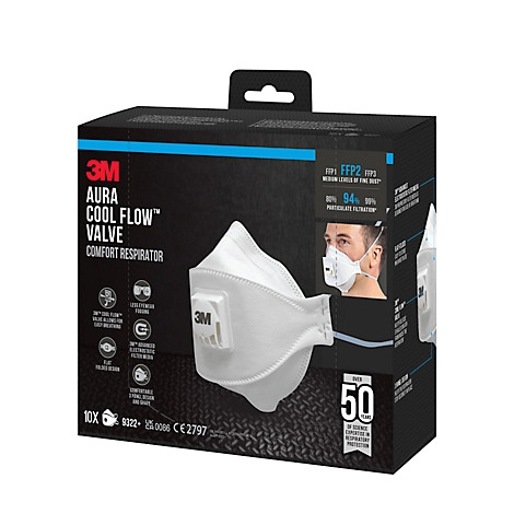 Boîte noire avec masque respiratoire 3M. Impression : Aura Cool Flow Valve, FFP2, filtration des particules à 94 %. Le masque est blanc.