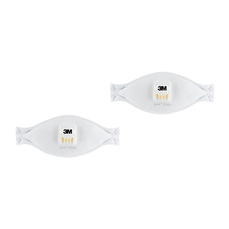 Masque respiratoire blanc avec sangles bleues et valve filtrante jaune.