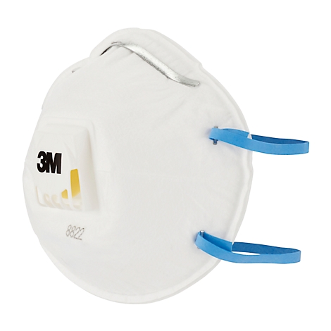 Masque respiratoire blanc 3M avec des élastiques bleus. Le logo 3M et l'inscription 8822 sont visibles sur le masque.