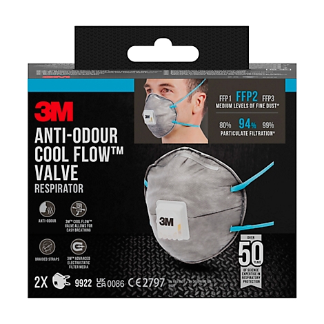 Boîte de respirateur 3M anti-odeurs. Imprimé: FFP2, 94% filtration des particules. Masque gris, sangles bleues.
