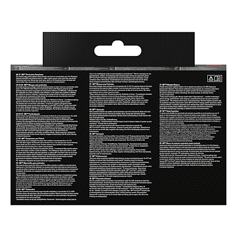 Emballage de produit noir avec texte blanc. Boucle de suspension sur le bord supérieur. Texte en différentes langues.