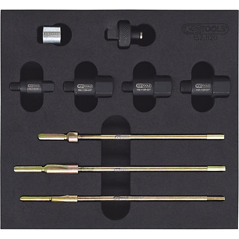 Werkzeugkasten mit verschiedenen Werkzeugen in Schwarz und Silber, auf schwarzem Untergrund angeordnet.