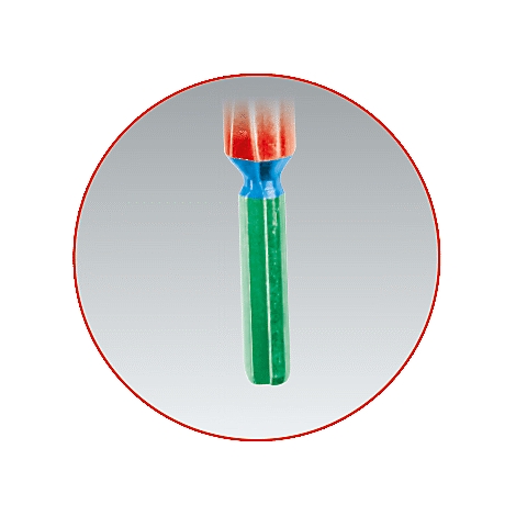 Nahaufnahme eines farbigen Bohrerbits: rot, blau und grün. Ein roter Kreis umrahmt die Nahaufnahme.