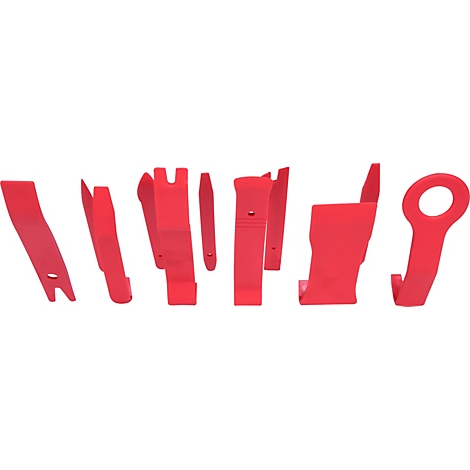 Sieben rote Werkzeuge, speziell geformt für die Demontage von Fahrzeugteilen. Unterschiedliche Formen, darunter Hebel und Haken.
