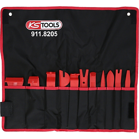 Schwarzes Werkzeug-Set mit roten Kunststoffwerkzeugen und KS TOOLS Logo.