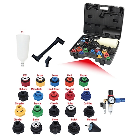 Werkzeugkoffer mit verschiedenen Adaptern für Kühlsysteme. Enthält Trichter, Adapter für Automarken und Druckregler.