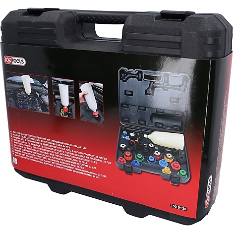 Schwarzer Werkzeugkoffer mit Werkzeug, Produktabbildung mit Beispielen zur Anwendung.