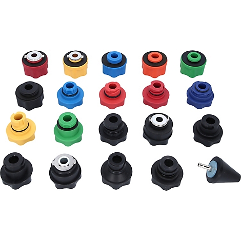 Eine Ansammlung von farbigen Adaptern, in verschiedenen Formen und Farben, für den Einsatz in Werkstätten.