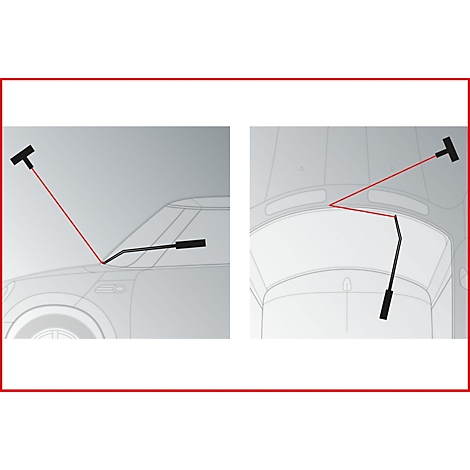Zwei Abbildungen eines Autos, das mit einer roten Linie und Werkzeugstrichen versehen ist, die die Anwendung anzeigen.