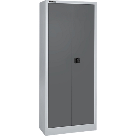 Een grijze metalen kast met twee deuren en een zwarte handgreep. De zijkanten zijn wit.