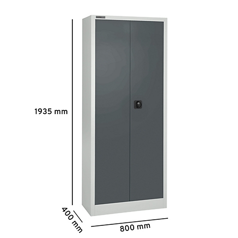 Grijze hoge stalen kast met dubbele deuren. Afmetingen: 1935 x 800 x 400 mm.