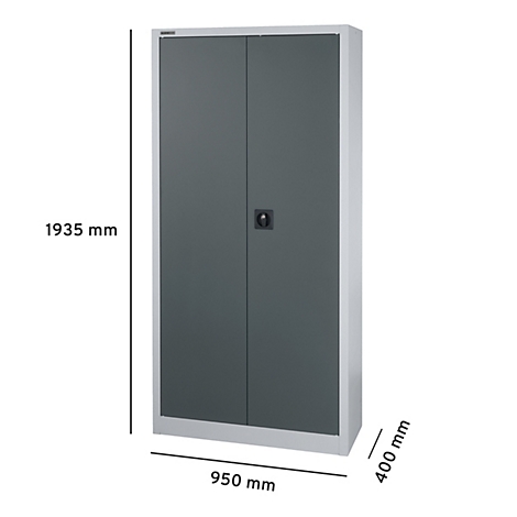 Grijze, hoge stalen kast met dubbele deuren en handgreep. De afmetingen staan vermeld: 1935 x 950 x 400 mm.