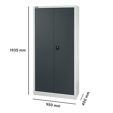 Grijze dubbele stalen kast met witte frames. Afmetingen: 1935 mm hoog, 950 mm breed, 400 mm diep. Zwarte handgreep in het midden.