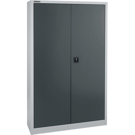 Grijze metalen kast met twee deuren, een handgreep en een wit frame.