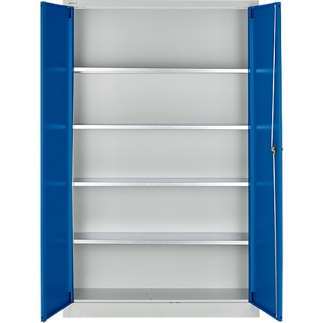 Open stalen kast met blauwe deuren, vijf planken. Er staan geen objecten in de kast.