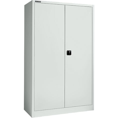 Een witte stalen kast met twee deuren en een zwarte handgreep.