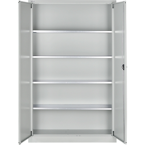 Een open grijze metalen kast met vier planken. Deuren zijn open.