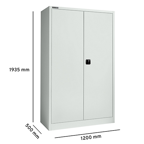 Een witte stalen kast met twee deuren, zwarte handgreep en afmetingen: 1935 mm hoog, 1200 mm breed, 500 mm diep.