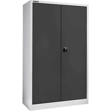 Grijze dubbele archiefkast met een zwarte handgreep en wit frame.