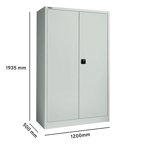 Een grijze stalen kast met twee deuren. De afmetingen zijn: 1935mm hoog, 500mm diep en 1200mm breed.