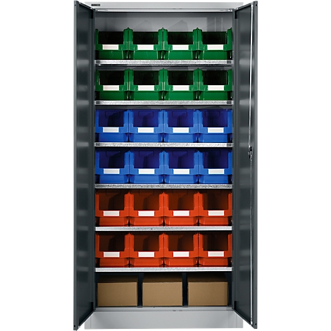 Open kast met diverse gekleurde plastic dozen voor het opslaan van items.