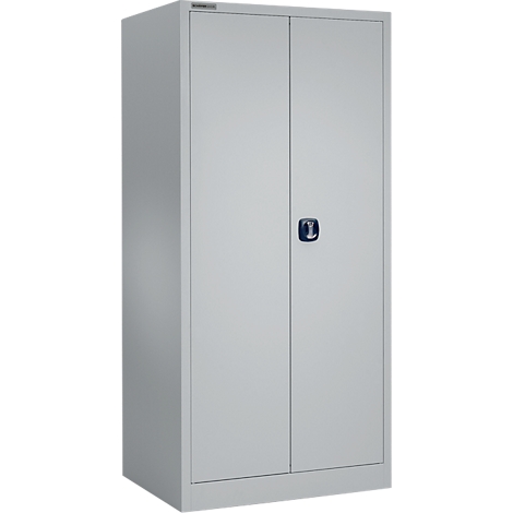 Grijze metalen kast met twee deuren, een handvat en een klein bordje aan de bovenkant.