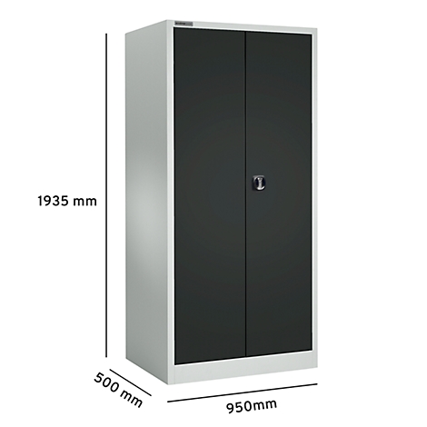 Grijze stalen kast met twee deuren en zwarte deuren. Afmetingen: 1935 mm hoog, 950 mm breed, 500 mm diep. Handvat in het midden.