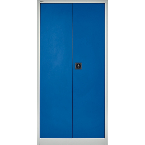 Blauwe kast met twee deuren en een zilveren frame. Een zwarte handgreep bevindt zich in het midden van de deuren.