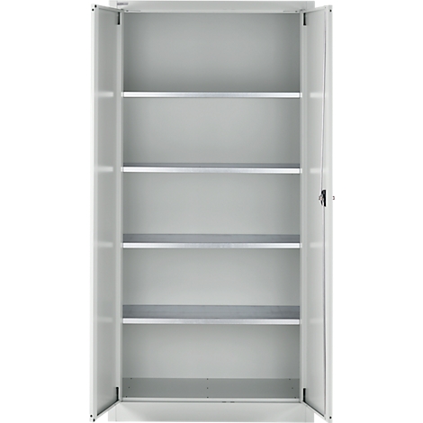 Een open, lege kast met meerdere planken. De deuren staan open.