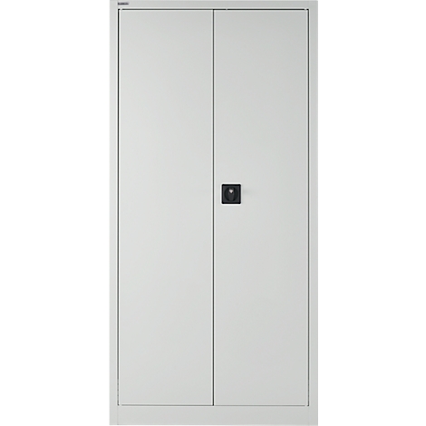 Een witte kast met twee deuren en een zwarte handgreep.