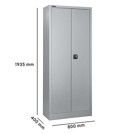 Grijze, hoge stalen kast met twee deuren, een handvat en afmetingen: 1935 x 800 x 400 mm.