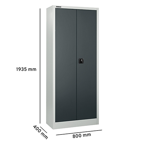 Grijze stalen kast met twee deuren, zwarte handgreep en afmetingen. Hoogte: 1935 mm, breedte: 800 mm, diepte: 400 mm.