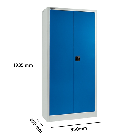 Blauwe, hoge stalen kast met twee deuren en zwarte handgreep. Afmetingen: 1935 x 950 x 400 mm.