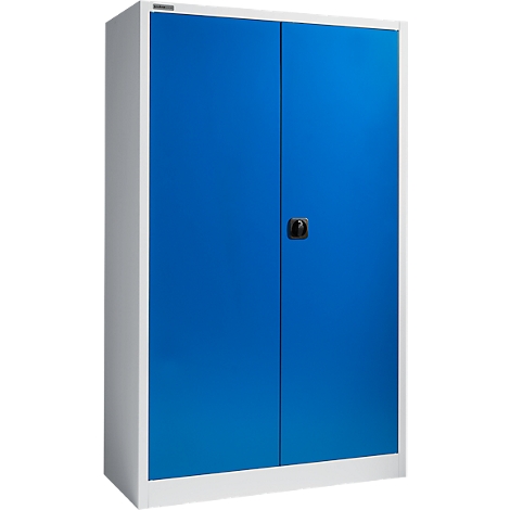 Blau stalen kast met twee deuren en een zwarte handgreep. De kast staat tegen een witte achtergrond.