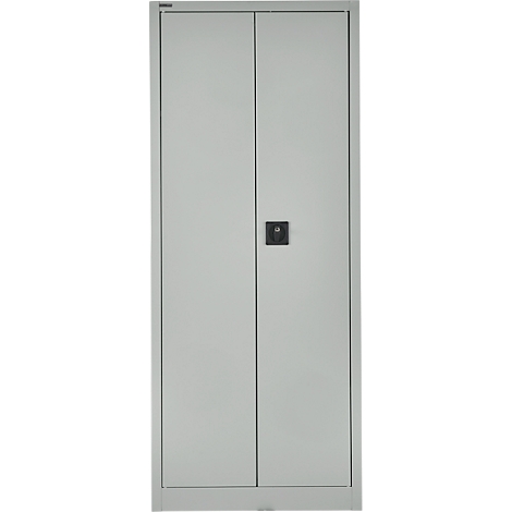 Een grijze kast met twee deuren tegen een witte achtergrond. In het midden zit een vierkante handgreep.