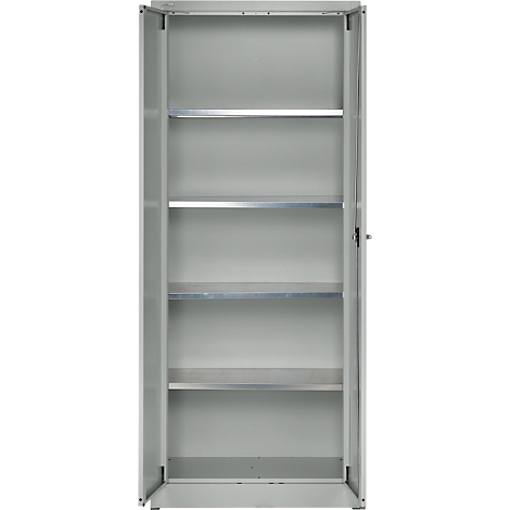 Grijze, open kast met vier planken. De deuren staan open.