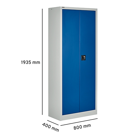 Hoge stalen kast met grijze zijkanten en twee blauwe deuren. Afmetingen weergegeven: 1935 mm hoog, 800 mm breed, 400 mm diep.