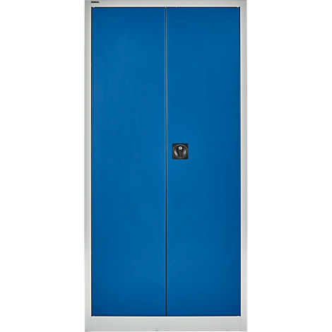 Blauwe kast met twee deuren en een zwarte handgreep. Omlijst door een wit frame.