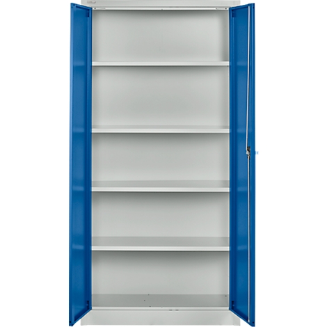 Open stalen kast met blauwe deuren en witte planken. Bekijk de binnenkant van de lege kast.