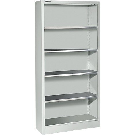 Grijze vrijstaande plank met vijf vakken. Metalen plank. Grijze achtergrond.