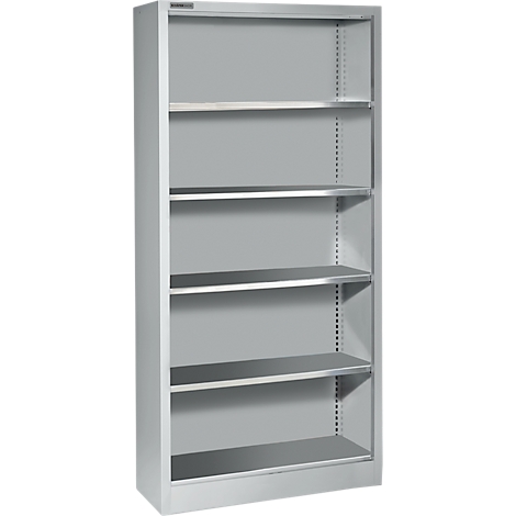 Een grijs, open rek met vijf planken, tegen een witte achtergrond.