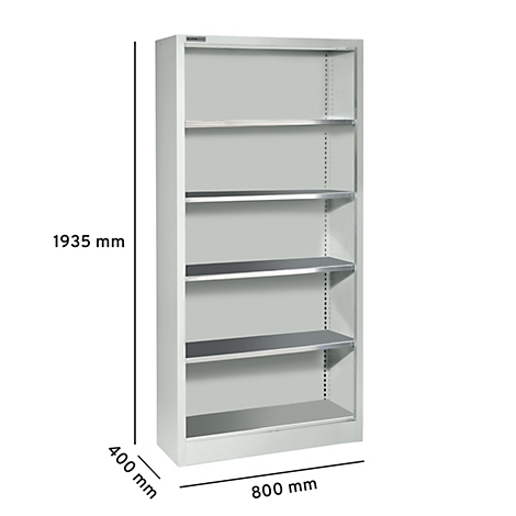 Grijze archiefkast met zes planken. Afmetingen: 1935 mm hoog, 800 mm breed, 400 mm diep.