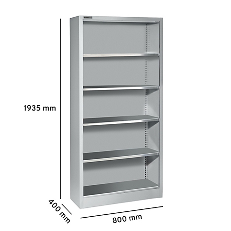 Grijze metalen boekenkast met 5 planken, afmetingen: 1935 x 800 x 400 mm.