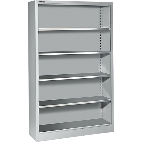 Grijze metalen plank met vijf opbergoppervlakken, lege planken. De plank staat voor een neutrale achtergrond.