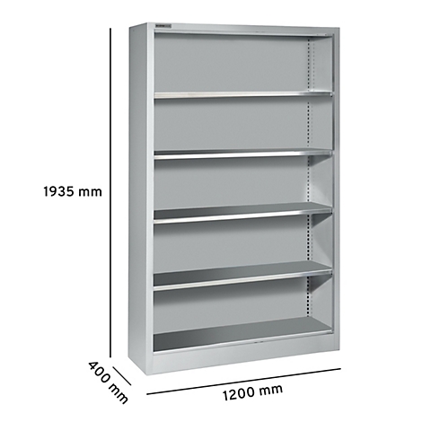 Grijze metalen archiefkast met vijf planken. Afmetingen: 1935 mm hoog, 1200 mm breed, 400 mm diep.