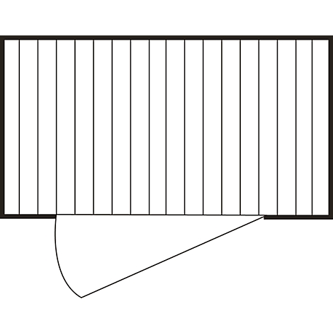 Top view of wooden floor, door with arc. Black framed, white filled.