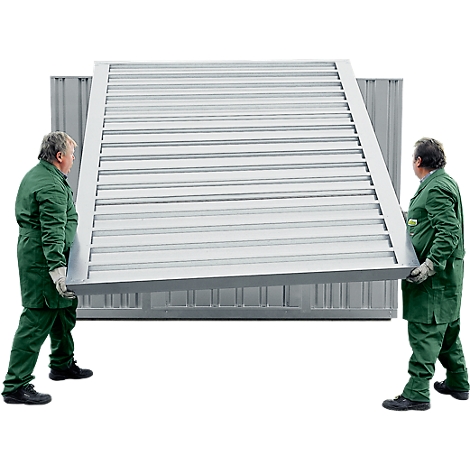 Two men carrying a metal grid in a container. They are wearing green overalls and gloves.