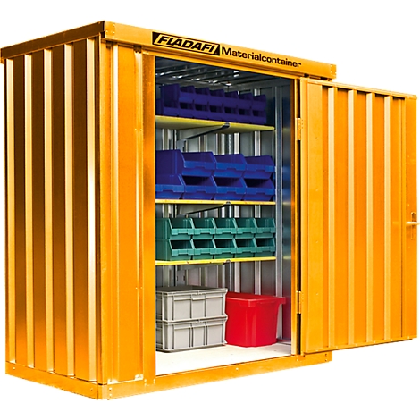 Yellow material container with an open door, filled with blue, green, and grey storage boxes. Text: Fladafi Materialcontainer.